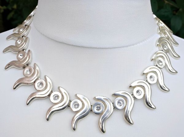 Swirl Design Diamante Link Necklace and Clip Earrings