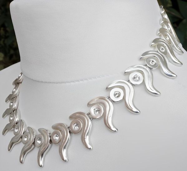 Swirl Design Diamante Link Necklace and Clip Earrings