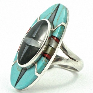 Silver Ring Inlaid with Turquoise Onyx Coral and Mother-of-Pearl