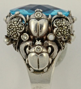 Blue Glass Marcasite Ladybird Flower Silver Ring circa 1970s