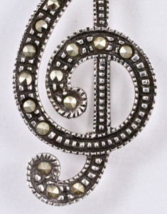 Vintage Silver and Marcasite Treble Clef Music Brooch