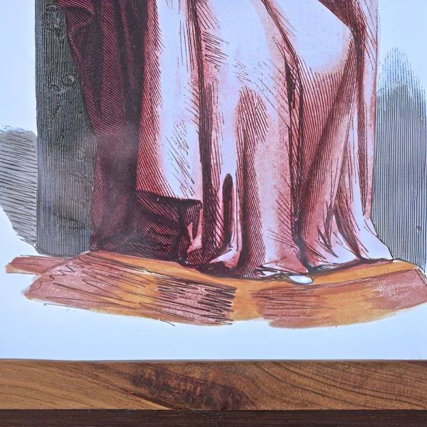 French Vintage Wood Marquetry Glazed Priest Print Picture