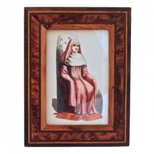 French Vintage Wood Marquetry Glazed Priest Print Picture