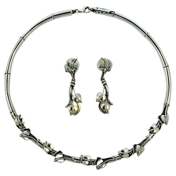 Sterling Silver Art Nouveau Style Necklace and Earrings Set