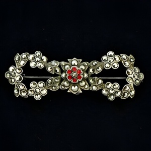 Sterling Silver Marcasite Red Paste Stone Bow Brooch circa 1930s