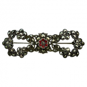 Sterling Silver Marcasite Red Paste Stone Bow Brooch circa 1930s