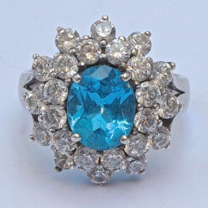 Sterling Silver Sea Blue and Clear Rhinestone Cluster Ring