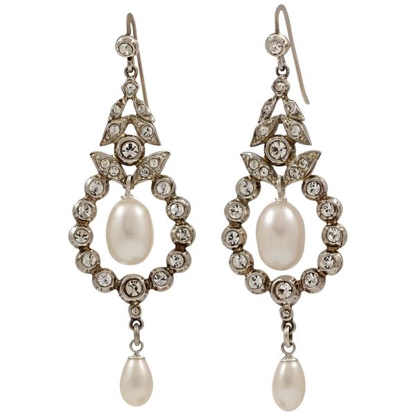 Sterling Silver and Cultured Pearl Diamante Drop Earrings
