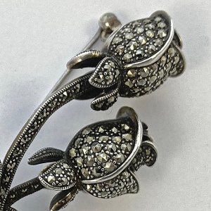 Sterling Silver and Marcasite Double Rosebud Statement Brooch