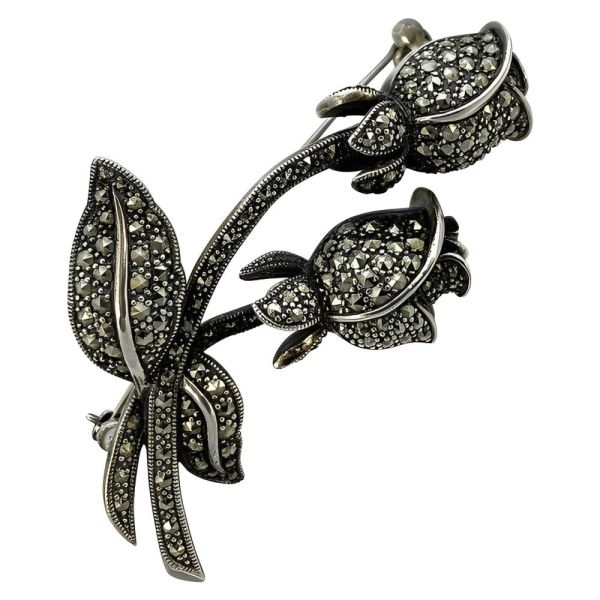 Sterling Silver and Marcasite Double Rosebud Statement Brooch