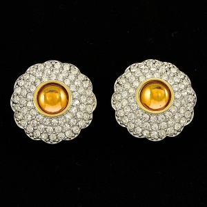 Swarovski Amber and Clear Crystal Swan Logo Clip On Earrings