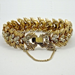 Trifari Gold Plated and Rhinestone Bracelet with Safety Chain