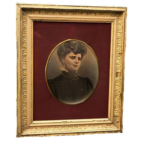 French Antique Victorian Glazed Red Velvet Lady Picture