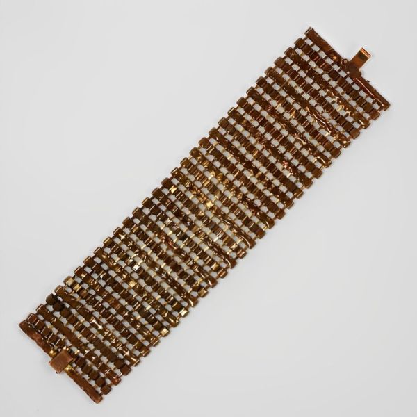 Wide Copper Tone and Rhinestone Statement Bracelet circa 1950s