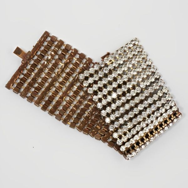 Wide Copper Tone and Rhinestone Statement Bracelet circa 1950s