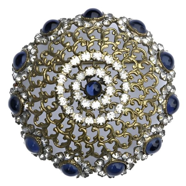 Alice Caviness Blue Cabochon and Rhinestone Dome Brooch
