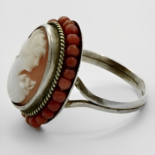 Antique 800 Silver and Shell Cameo Ring with Coral Bead Surround