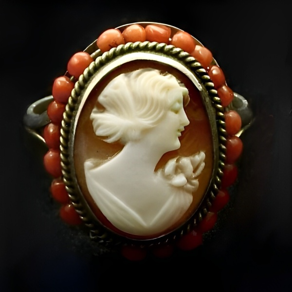 Antique 800 Silver and Shell Cameo Ring with Coral Bead Surround