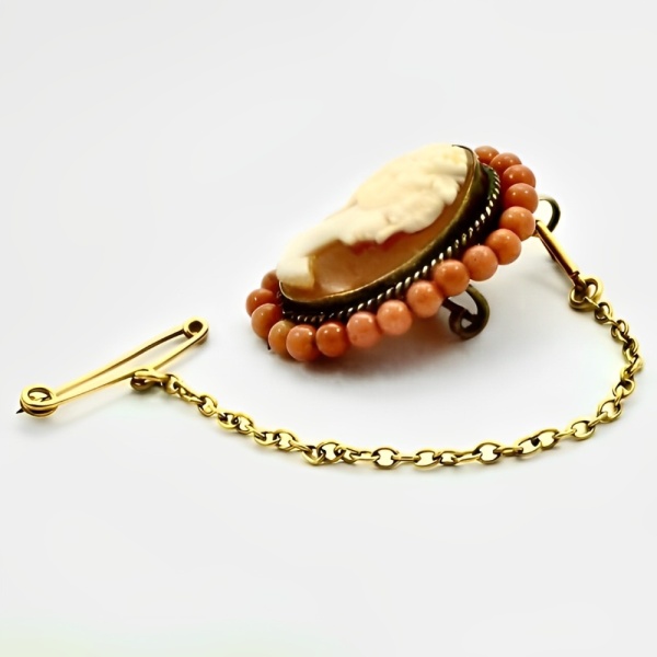 Antique Gold Plated Shell Cameo Brooch with Coral Bead Surround