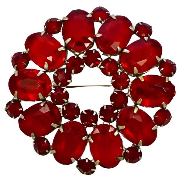Antique Silver Plated Brooch with Faceted Red Glass Stones
