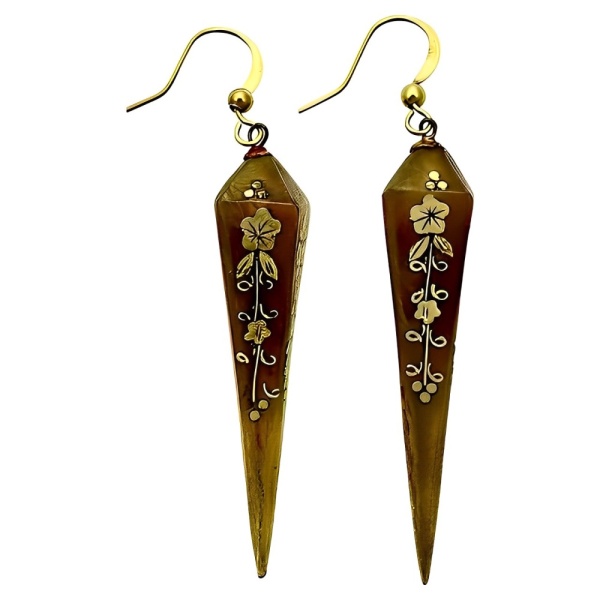 Antique Torpedo Drop Earrings Inlaid Flower Design Brass Hooks