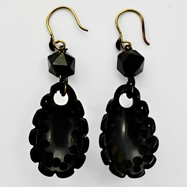 Antique Victorian Hand Carved Whitby Jet Flower Drop Earrings