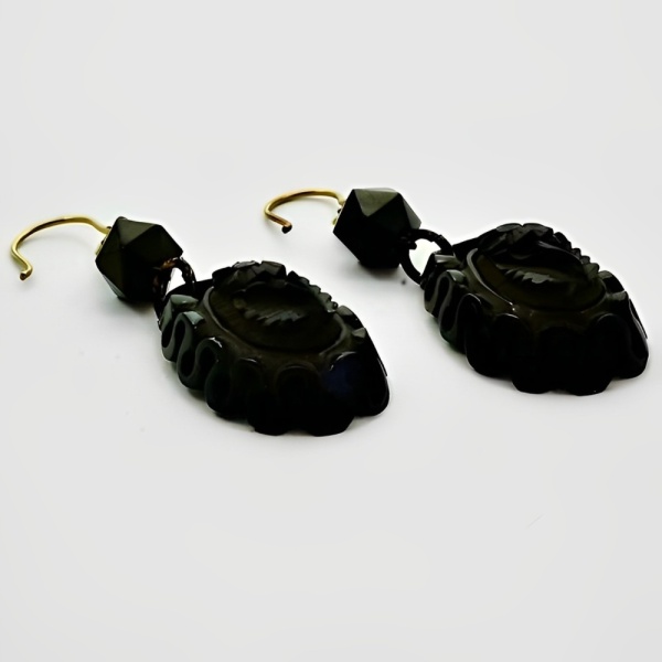 Antique Victorian Hand Carved Whitby Jet Flower Drop Earrings