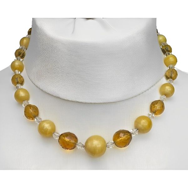 Art Deco Amber Clear and Yellow Satin Glass Bead Necklace