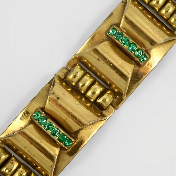 Art Deco Brass Bracelet Green Rhinestones circa 1930s
