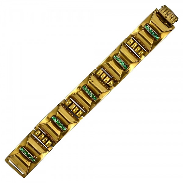 Art Deco Brass Bracelet Green Rhinestones circa 1930s