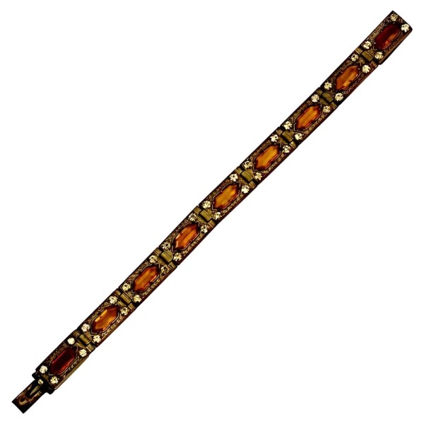 Art Deco Amber and Clear Rhinestone Ornate Link Bracelet