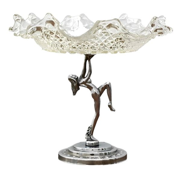 Art Deco Chrome Lady Glass Dish Centrepiece circa 1930s
