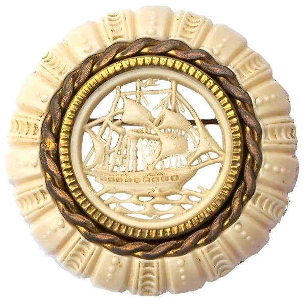 Art Deco Gold Plated Celluloid Cut Out Ship Brooch