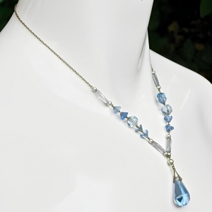 Art Deco Blue Glass Faux Pearl Necklace with Drop Pendant