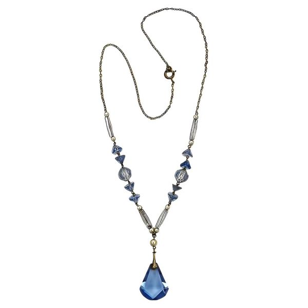 Art Deco Blue Glass Faux Pearl Necklace with Drop Pendant