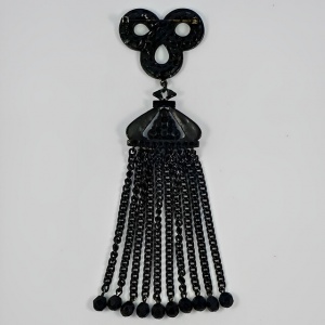 Art Deco Hand Cut French Jet Brooch with Long Chain Tassels