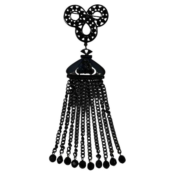 Art Deco Hand Cut French Jet Brooch with Long Chain Tassels