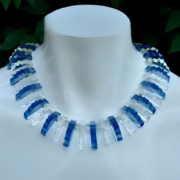 Art Deco Mid Blue and Clear Glass Fringe Necklace Collar