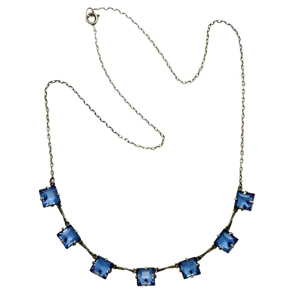 Art Deco Chain Necklace with Square Azure Blue Glass Crystals