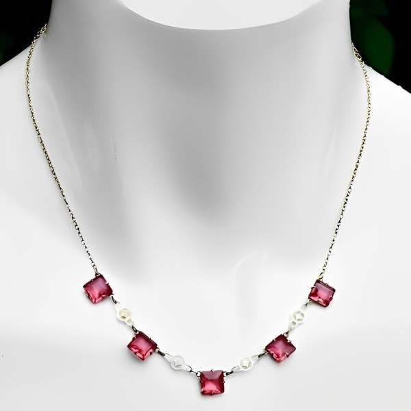 Art Deco Chain Necklace with Square Rouge Pink Glass Crystals