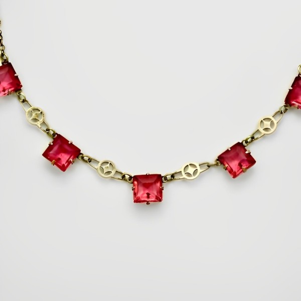 Art Deco Chain Necklace with Square Rouge Pink Glass Crystals