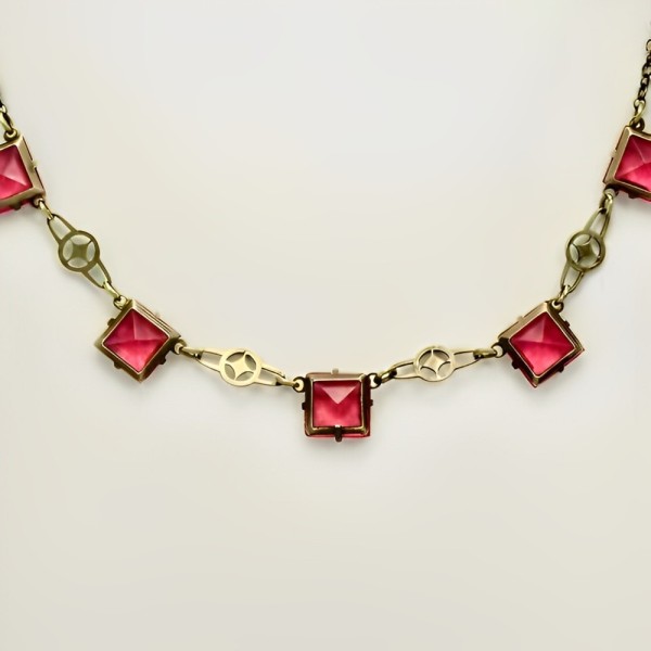 Art Deco Chain Necklace with Square Rouge Pink Glass Crystals