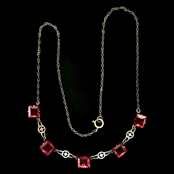 Art Deco Chain Necklace with Square Rouge Pink Glass Crystals