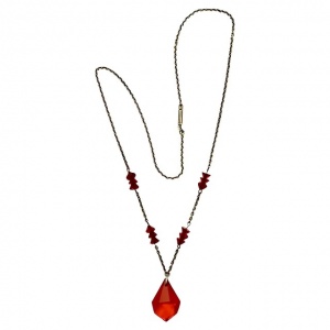 Art Deco Drop Pendant Necklace with Red Glass Crystals