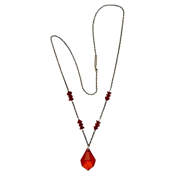 Art Deco Drop Pendant Necklace with Red Glass Crystals