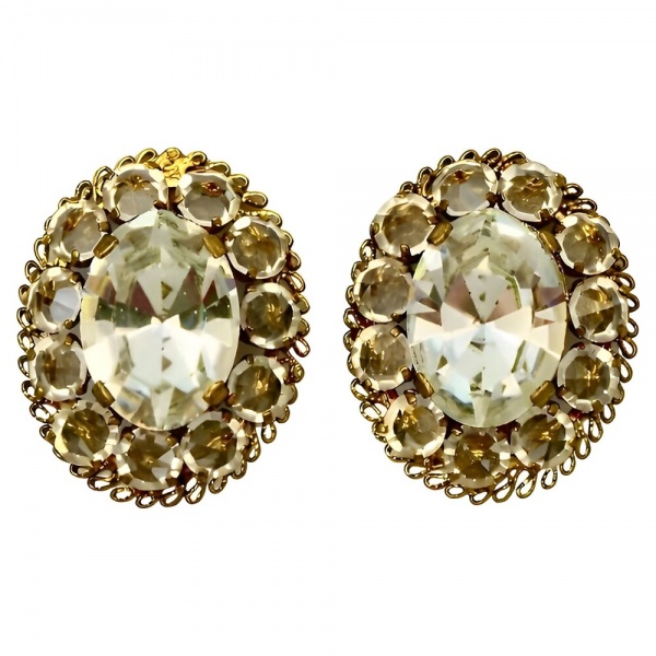 Austrian Crystal Gold Plated Oval Clip On Earrings circa 1960s