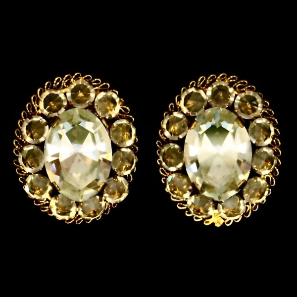 Austrian Crystal Gold Plated Oval Clip On Earrings circa 1960s