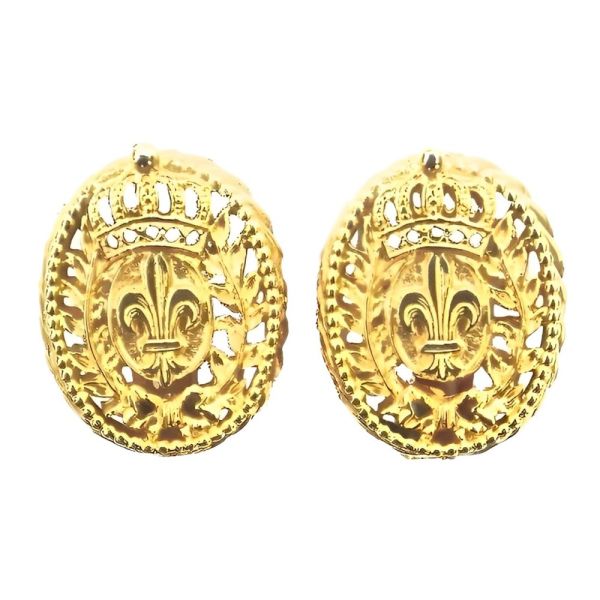 Bergere Vintage Crown and Fleur-de-Lis Gold Tone Earrings