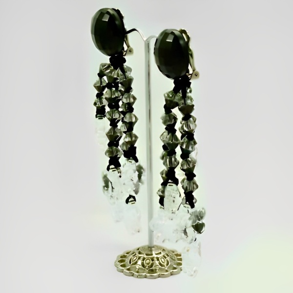 Black and Clear Glass Chandelier Statement Earrings 1960s