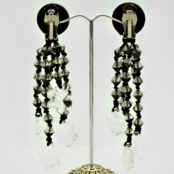 Black and Clear Glass Chandelier Statement Earrings 1960s